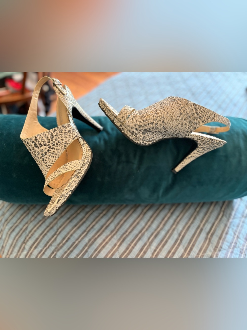 The Limited Snake-Print Slingback Heels in Beige and Gray
